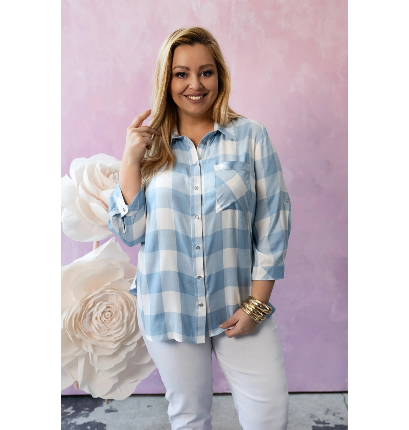 M24823 KOSZULA VIOLET KRATKA BIAŁO - TURKUSOWA