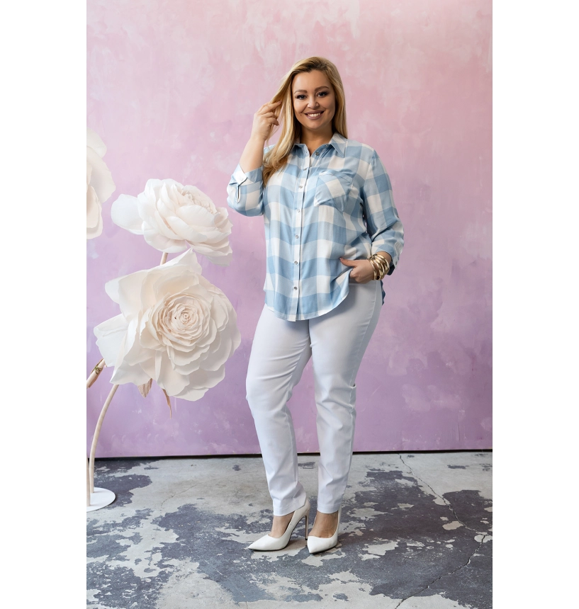 M24823 KOSZULA VIOLET KRATKA BIAŁO - TURKUSOWA