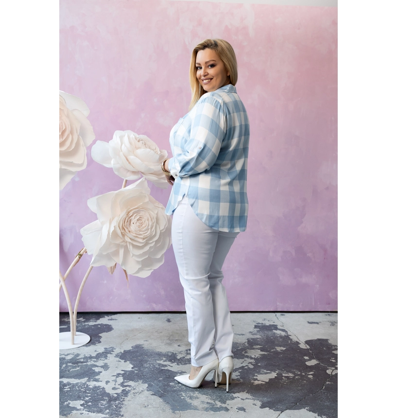 M24823 KOSZULA VIOLET KRATKA BIAŁO - TURKUSOWA