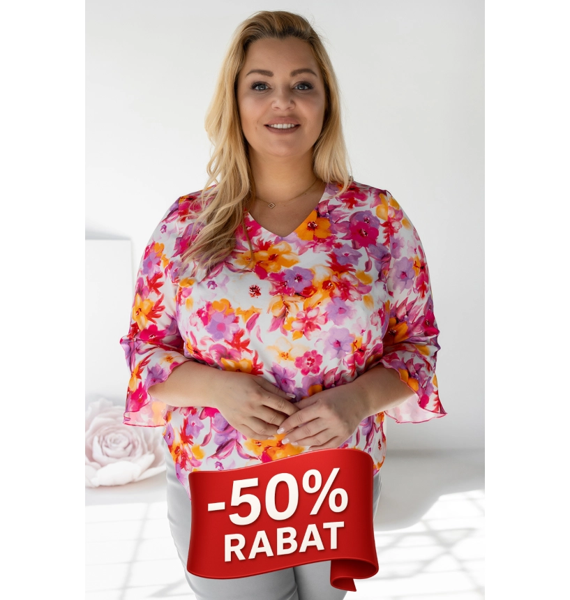 M56905 BLUZKA JENNY WZÓR KWIATKI RÓZOWO- ŻÓŁTE